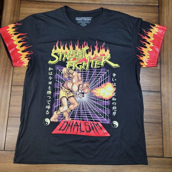 Capcom Graphic SS Tee Black "Street Fighter Dhalsim" Flame Sleeves - Size Large - Picture 1 of 4